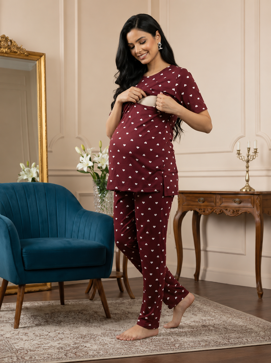 MamaVibez Heart Print Maternity & Feeding Co-Ord Set