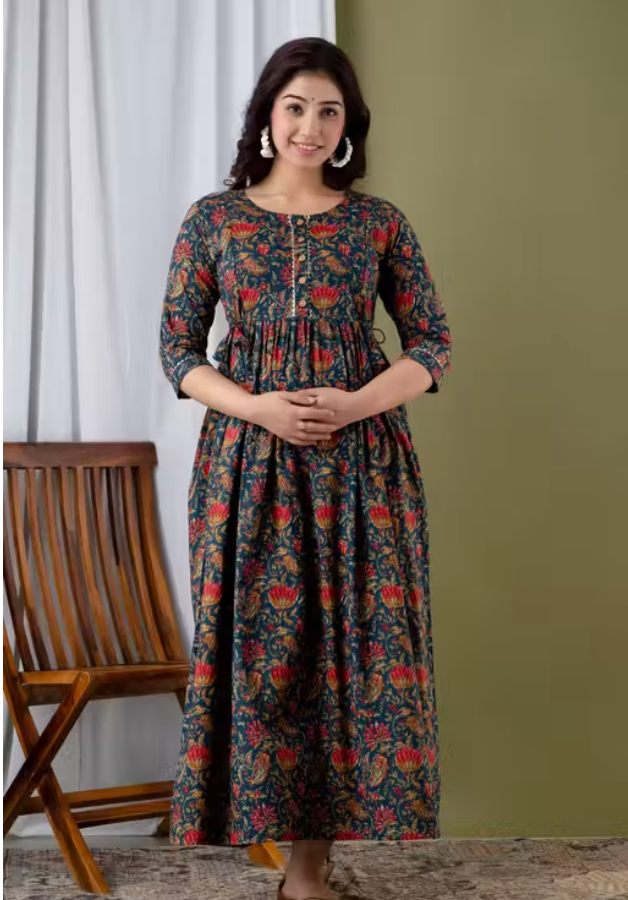MamaVibez Pure Cotton Printed Maternity & Feeding Gown