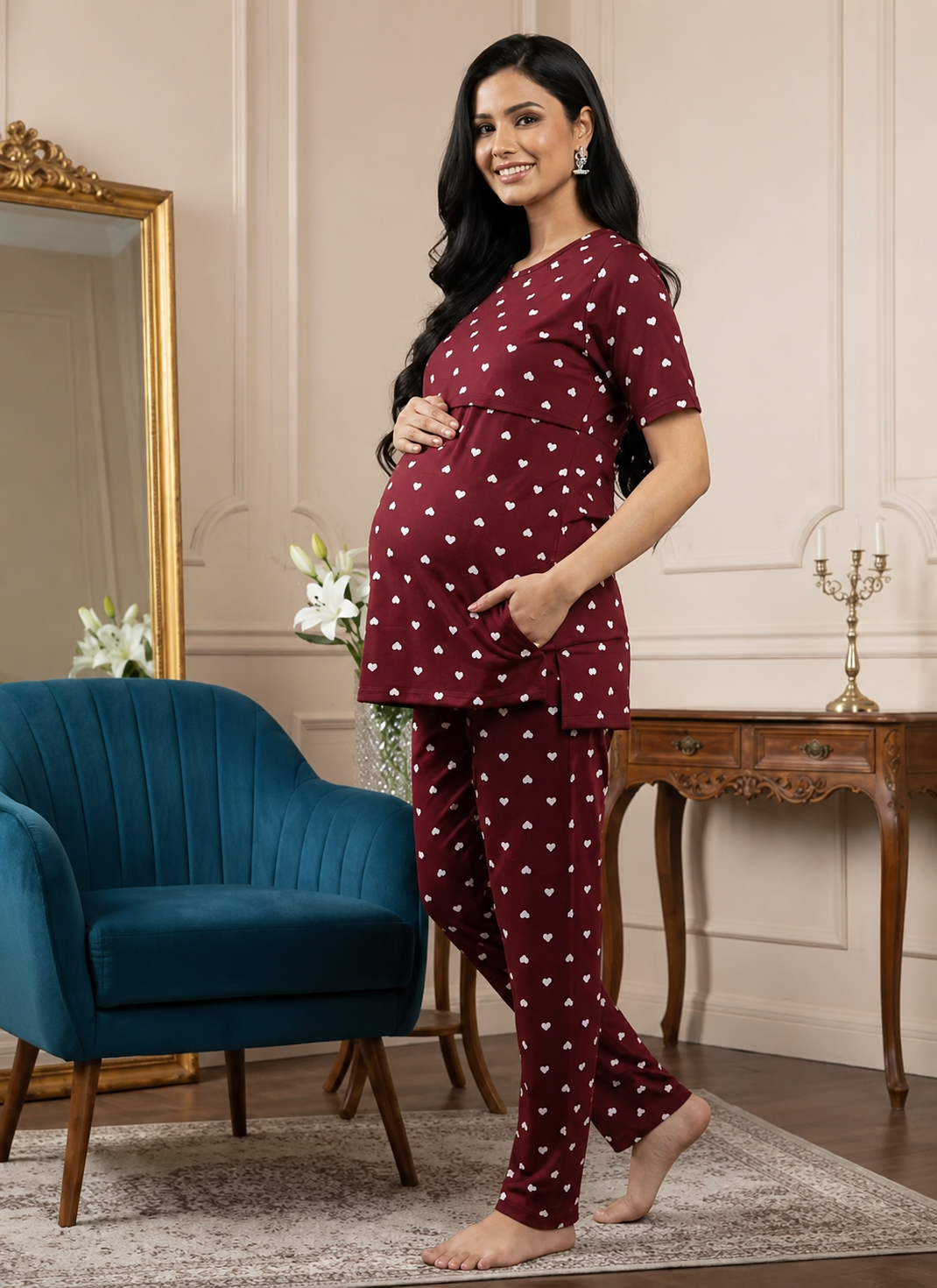 MamaVibez Heart Print Maternity & Feeding Co-Ord Set