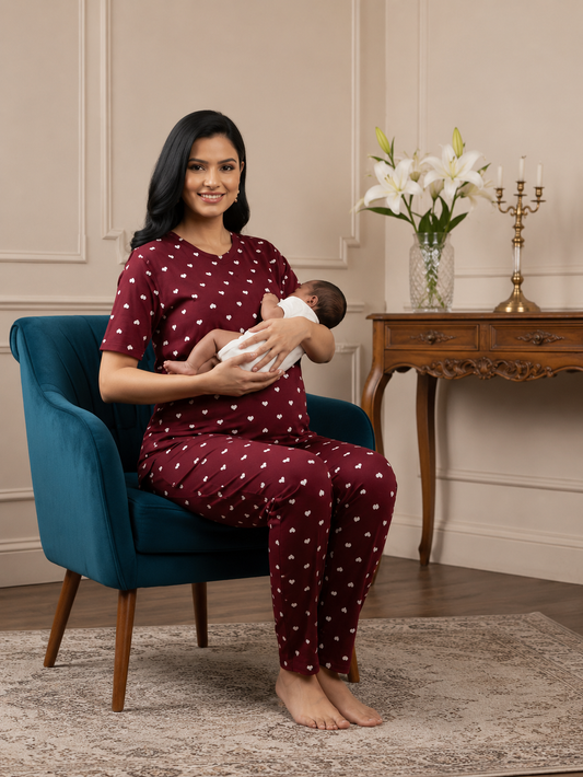 MamaVibez Heart Print Maternity & Feeding Co-Ord Set