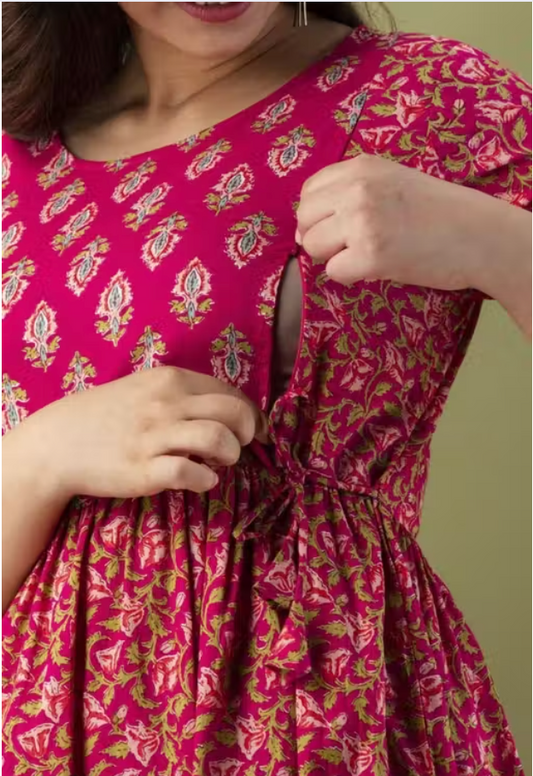 MamaVibez Floral Cotton Maternity & Feeding Gown