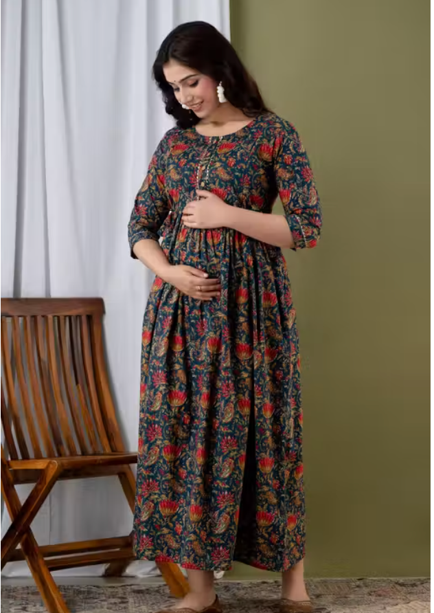 MamaVibez Pure Cotton Printed Maternity & Feeding Gown
