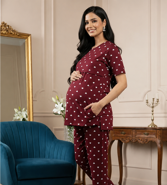 MamaVibez Heart Print Maternity & Feeding Co-Ord Set